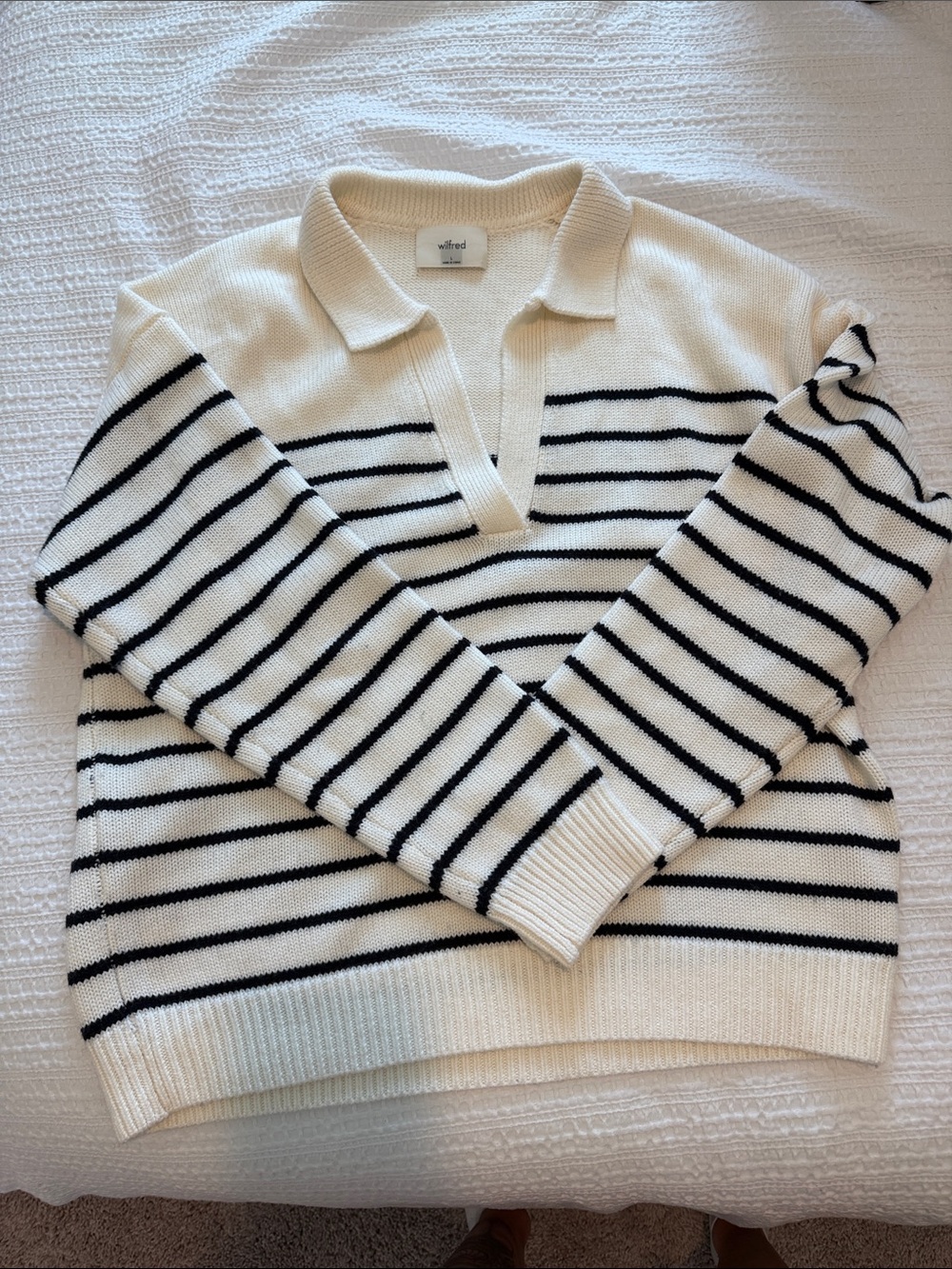 Wilfred Collared V-Neck Striped Sweater — Cream & Black